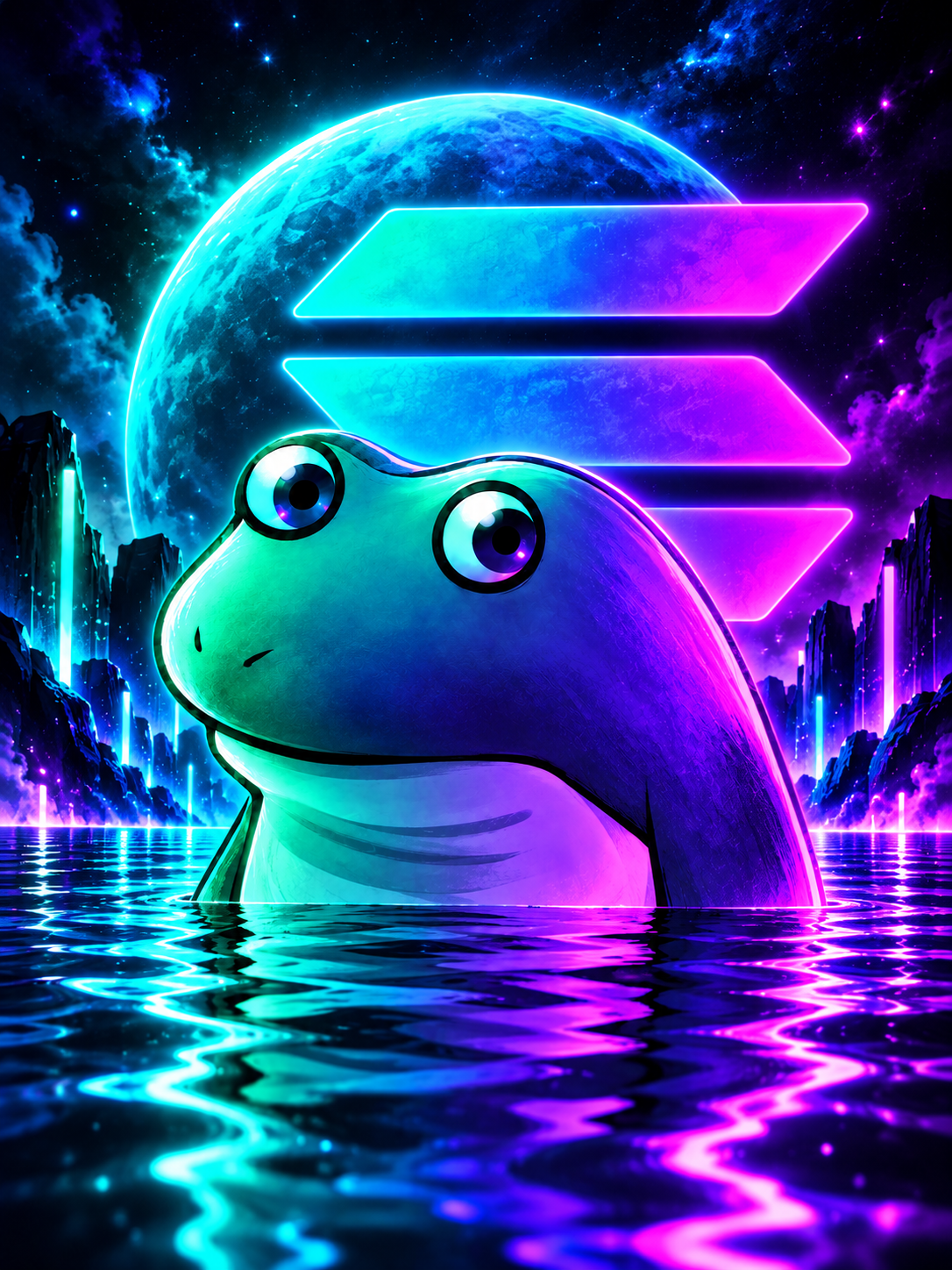 SolFrog with the Solana neon mark