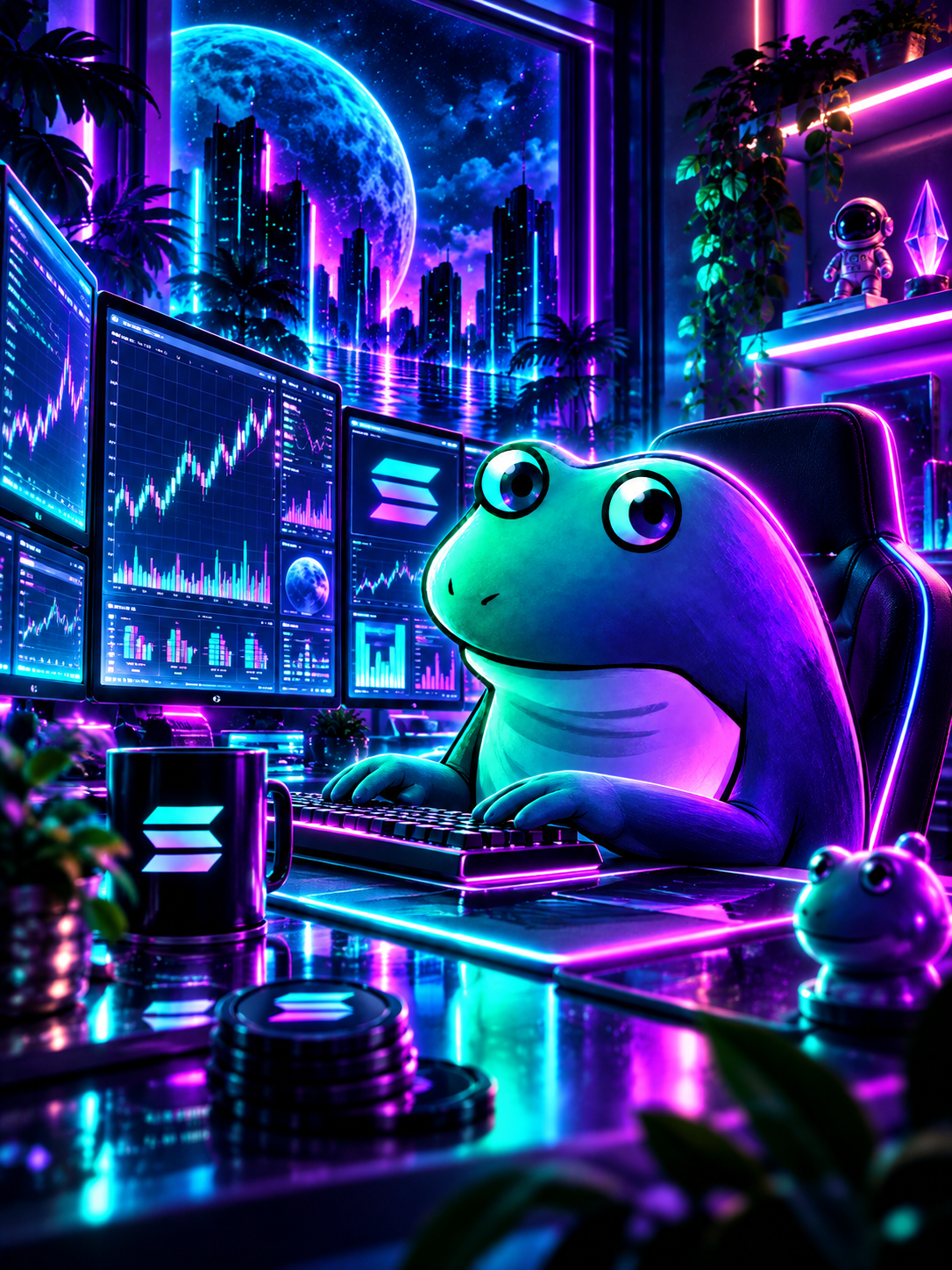 SolFrog trading from a neon desk